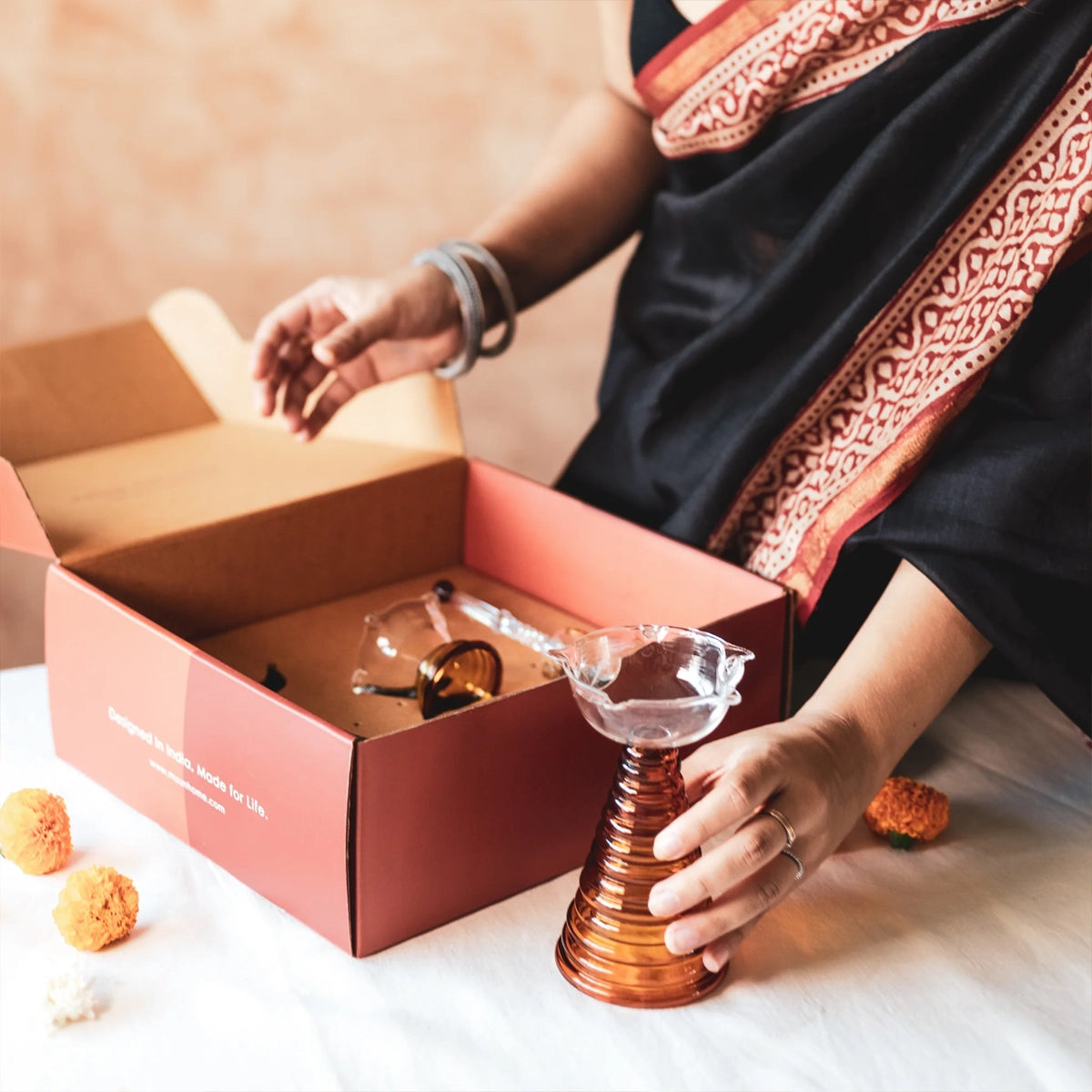 Glass Festive Gift Box - Tall Diya + Short Diya + Bell - Amber