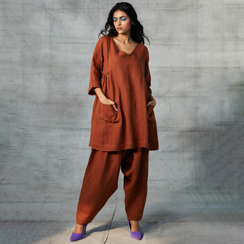 100% Linen Panelled Kurta Set | Brown