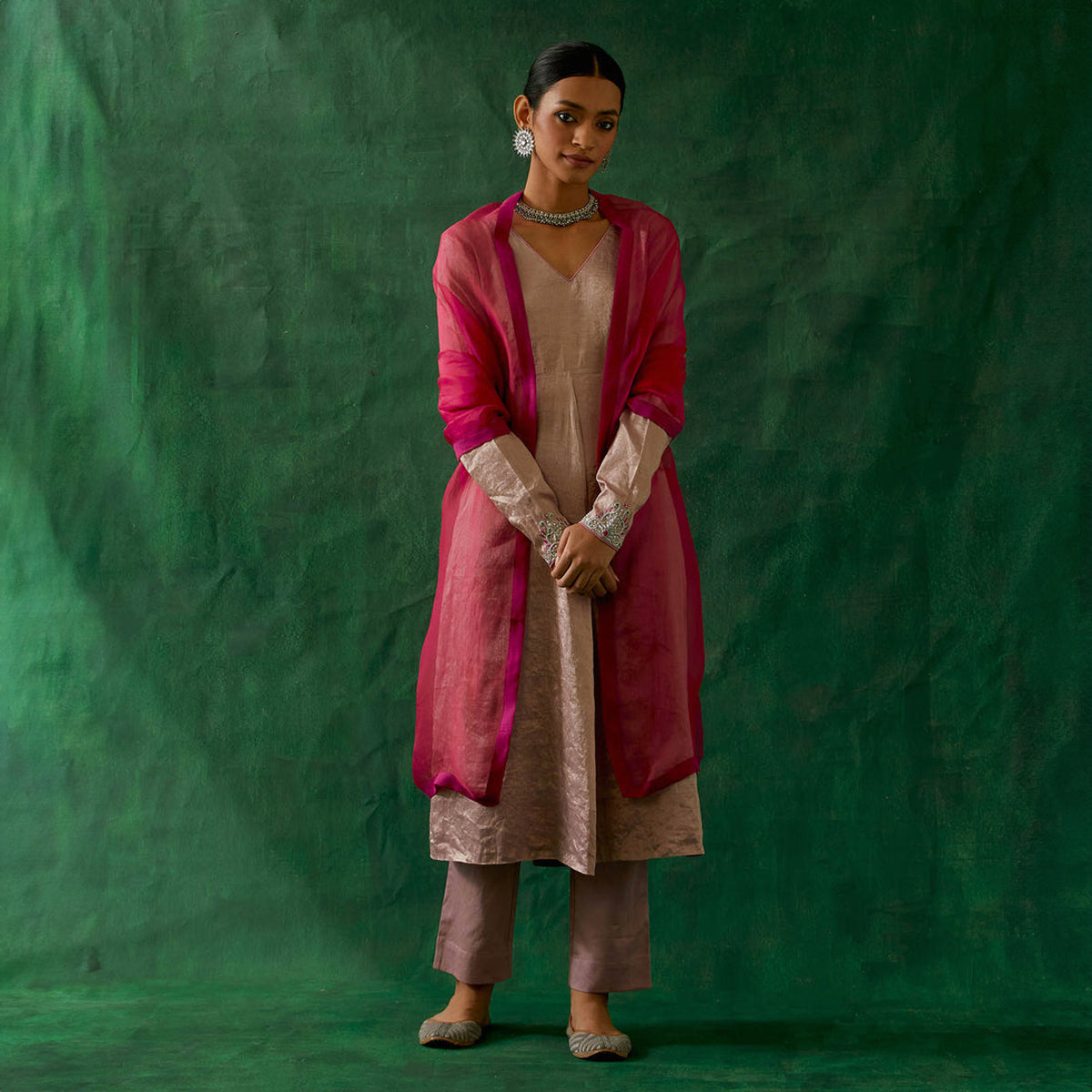 Embroidered Zari Silk Anarkali, Cotton Glaze Pants, and Katan silk Dupatta