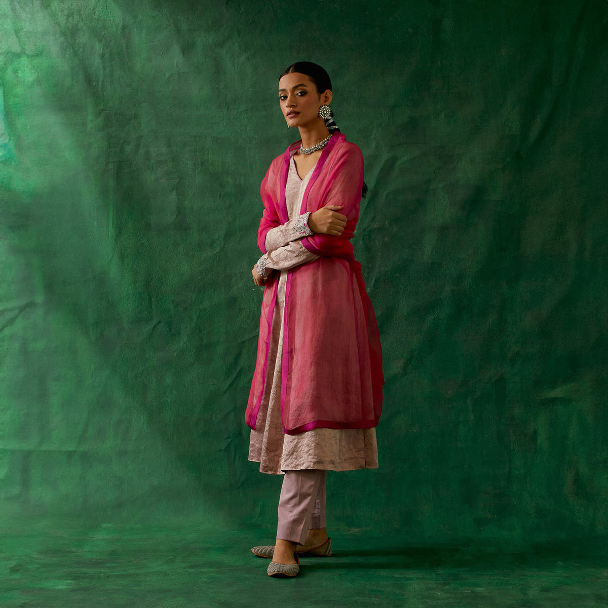 Embroidered Zari Silk Anarkali, Cotton Glaze Pants, and Katan silk Dupatta