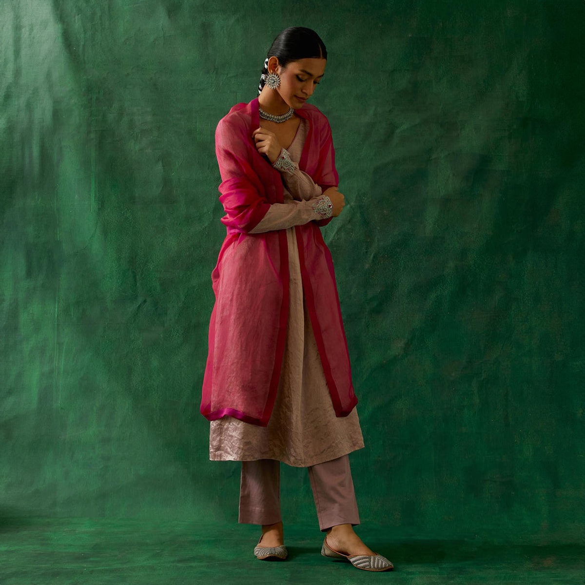 Embroidered Zari Silk Anarkali, Cotton Glaze Pants, and Katan silk Dupatta