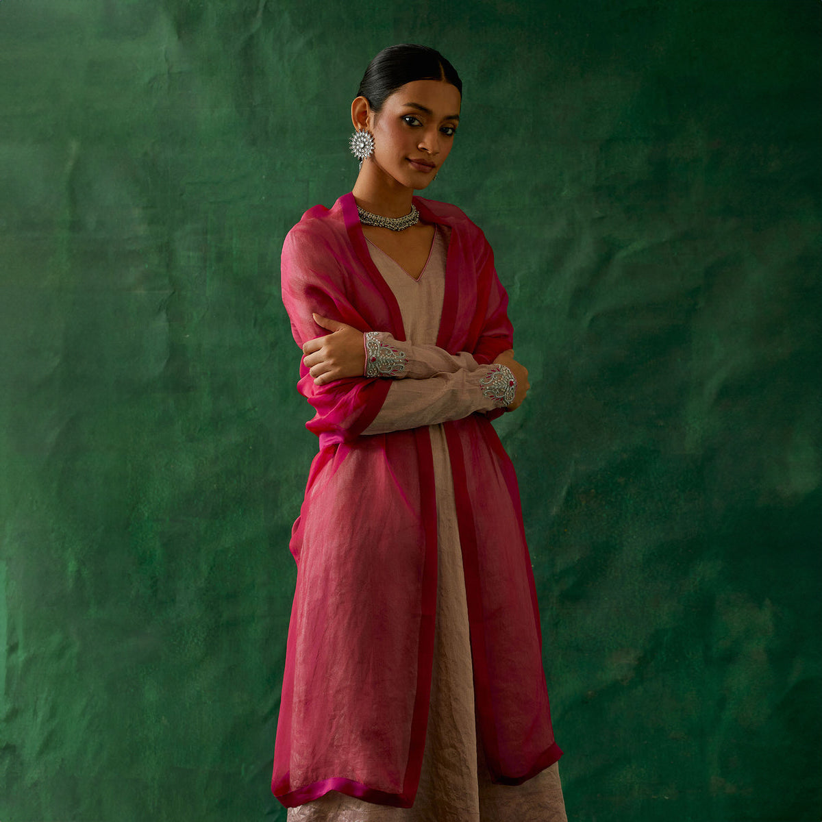 Embroidered Zari Silk Anarkali, Cotton Glaze Pants, and Katan silk Dupatta