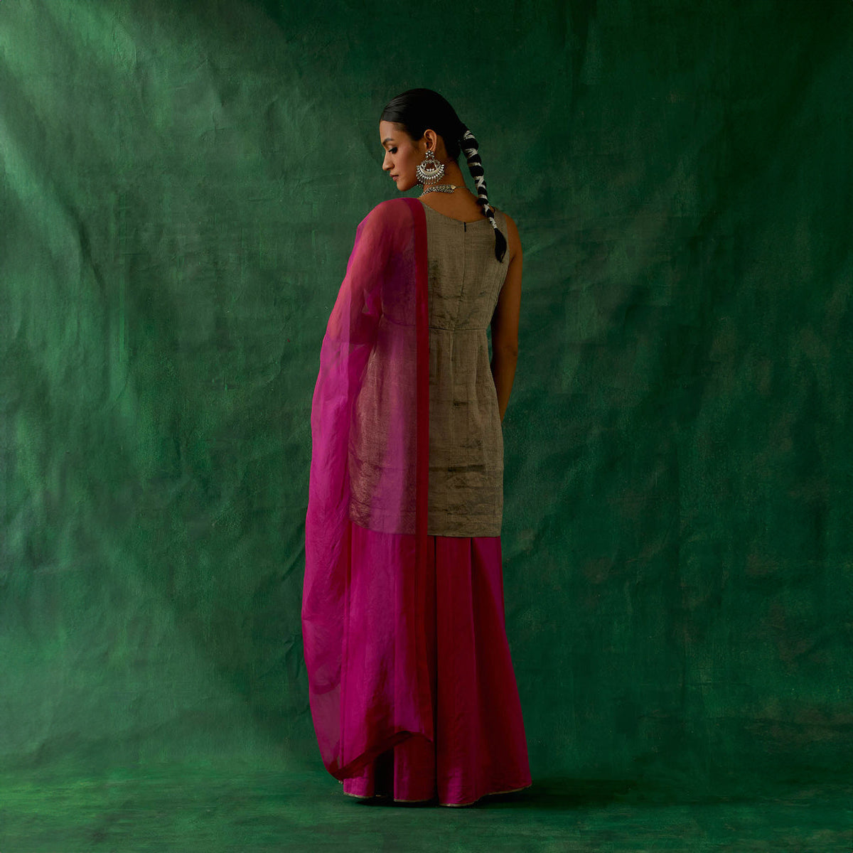 Front Slit Black Zari Silk Kurta, with Cotton Sharara & Katan Dupatta