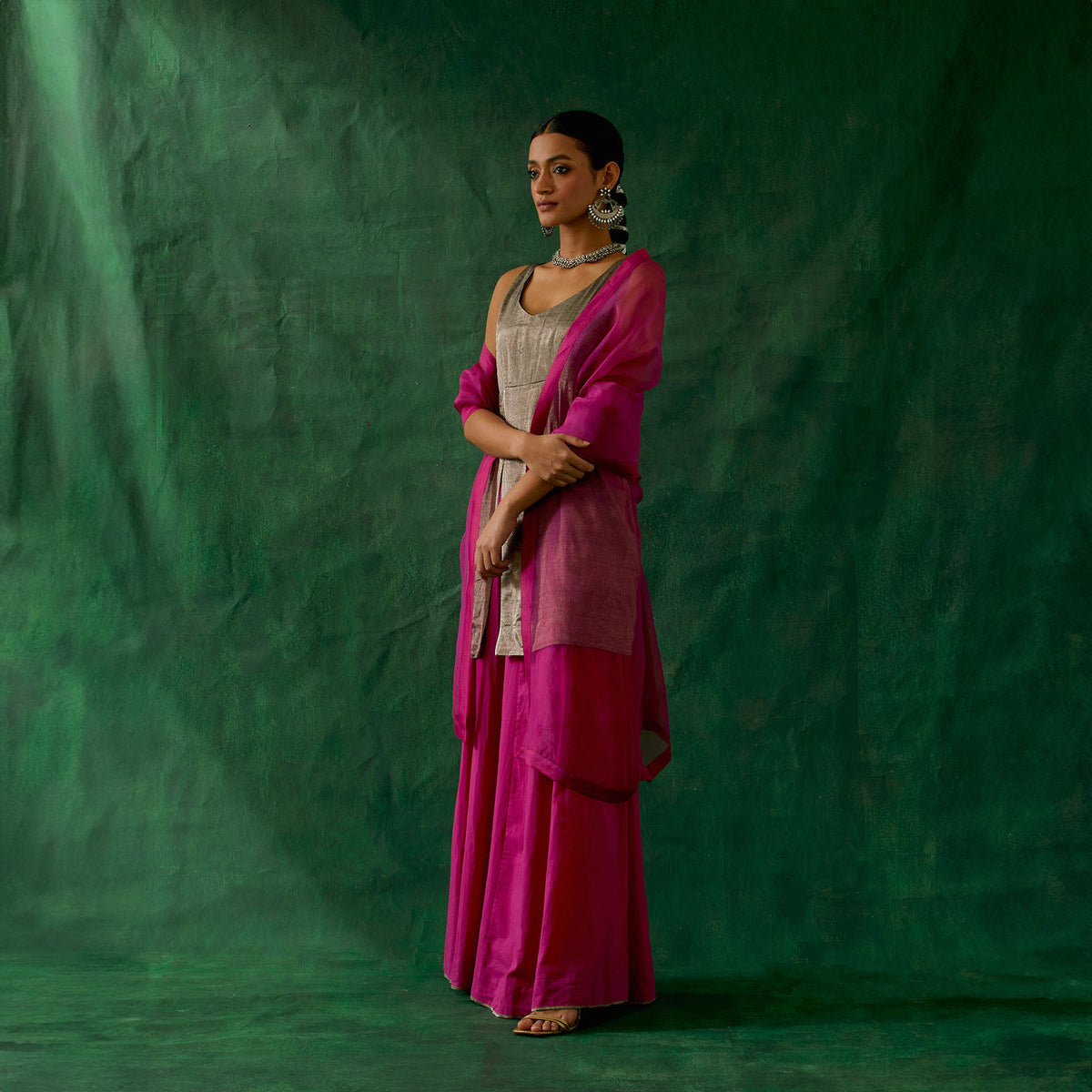 Front Slit Black Zari Silk Kurta, with Cotton Sharara & Katan Dupatta