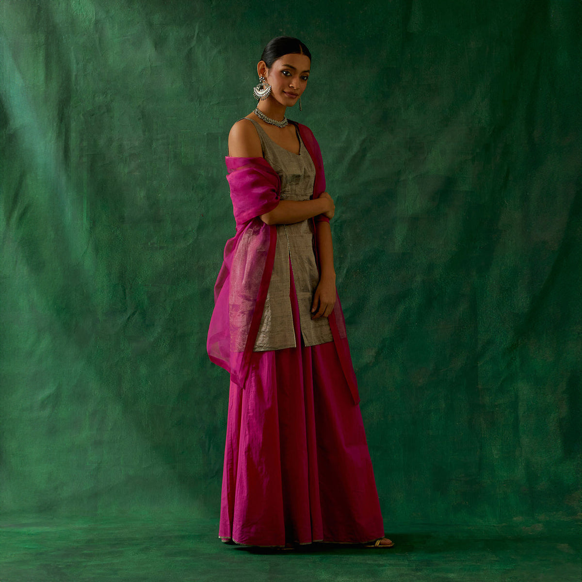 Front Slit Black Zari Silk Kurta, with Cotton Sharara & Katan Dupatta