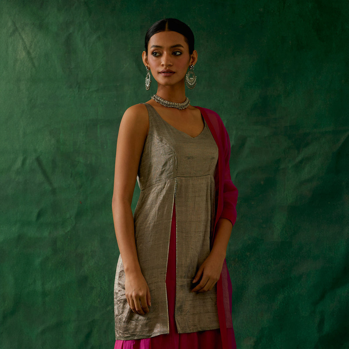 Front Slit Black Zari Silk Kurta, with Cotton Sharara & Katan Dupatta