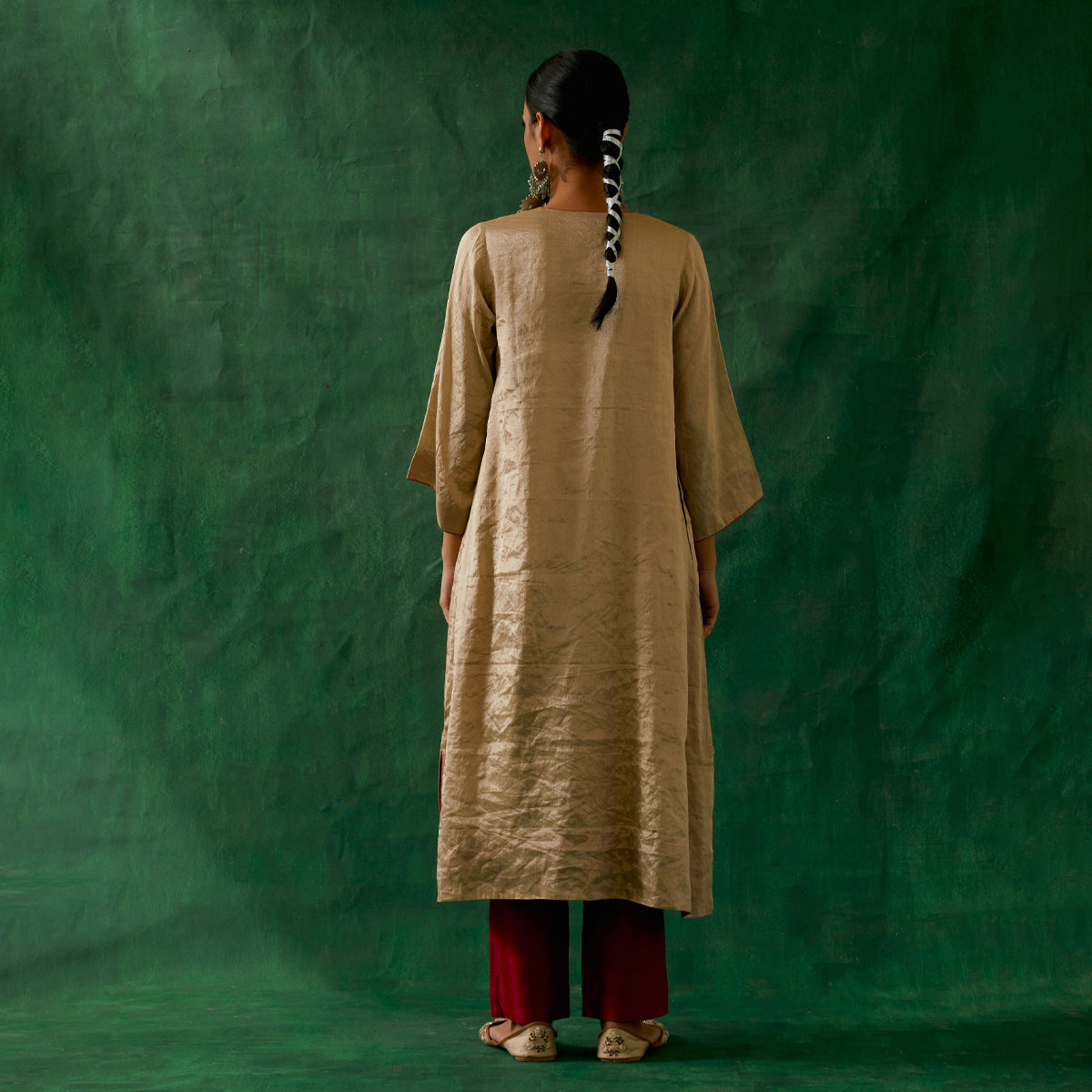 Beige Gold Kaftan Kurta in Zari Silk with Chanderi Pants (Set of 2)