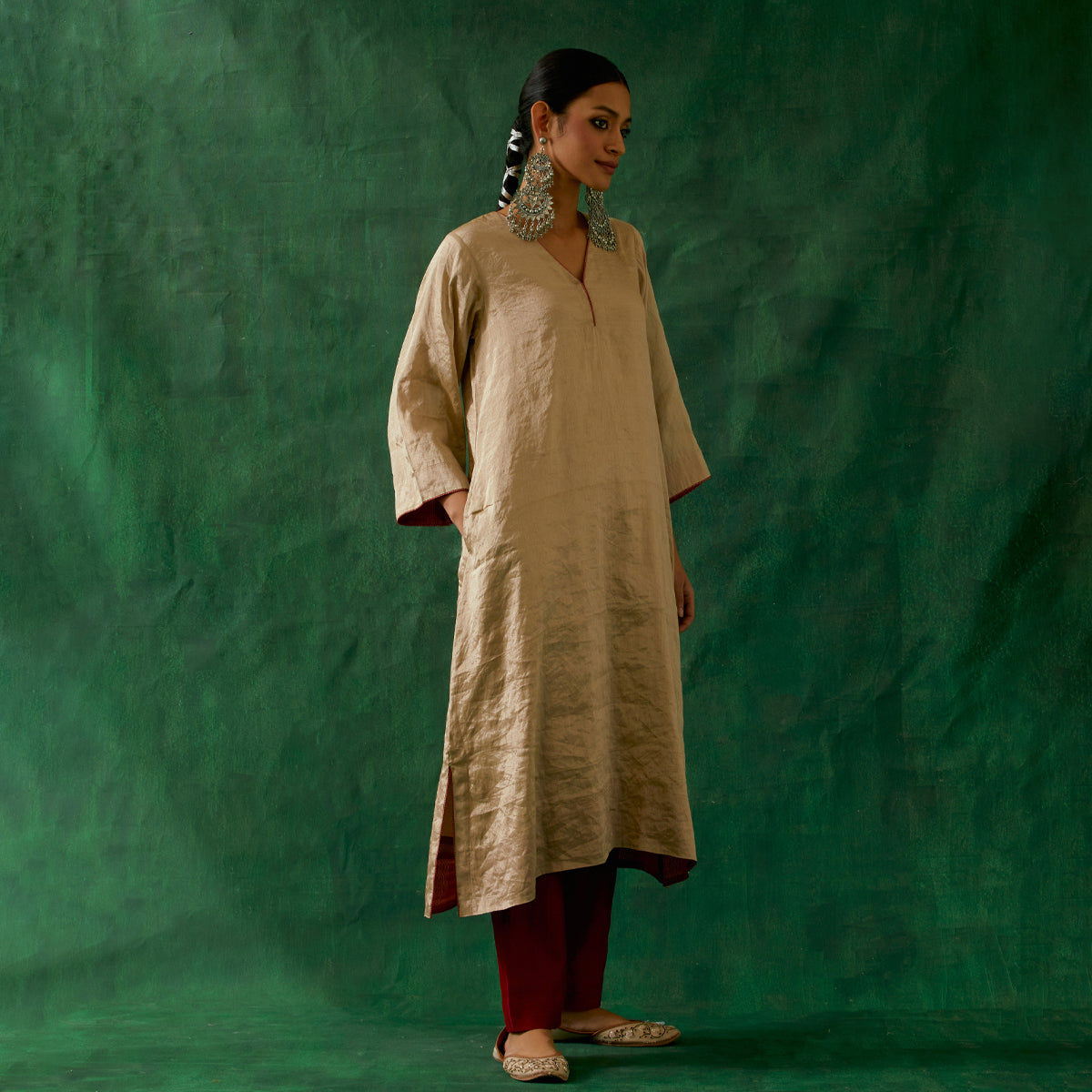 Beige Gold Kaftan Kurta in Zari Silk with Chanderi Pants (Set of 2)