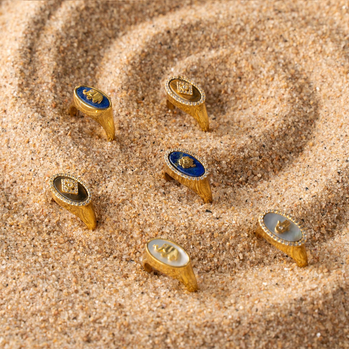 Hamsa Studded Mother of Pearl Signet Ring Adjustable