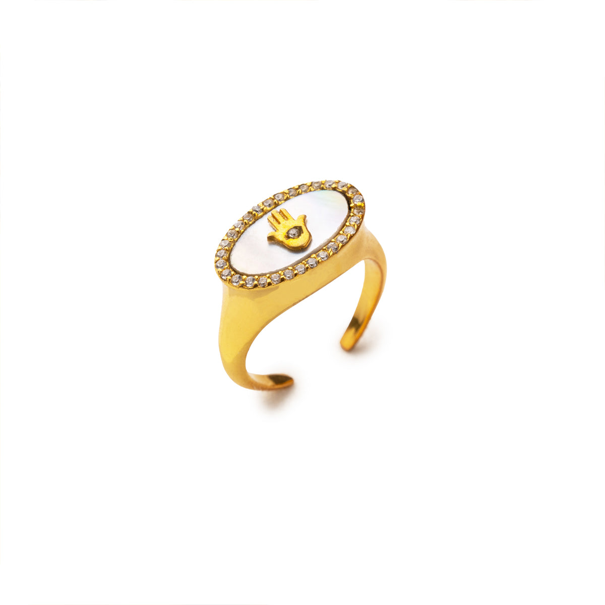 Hamsa Studded Mother of Pearl Signet Ring Adjustable