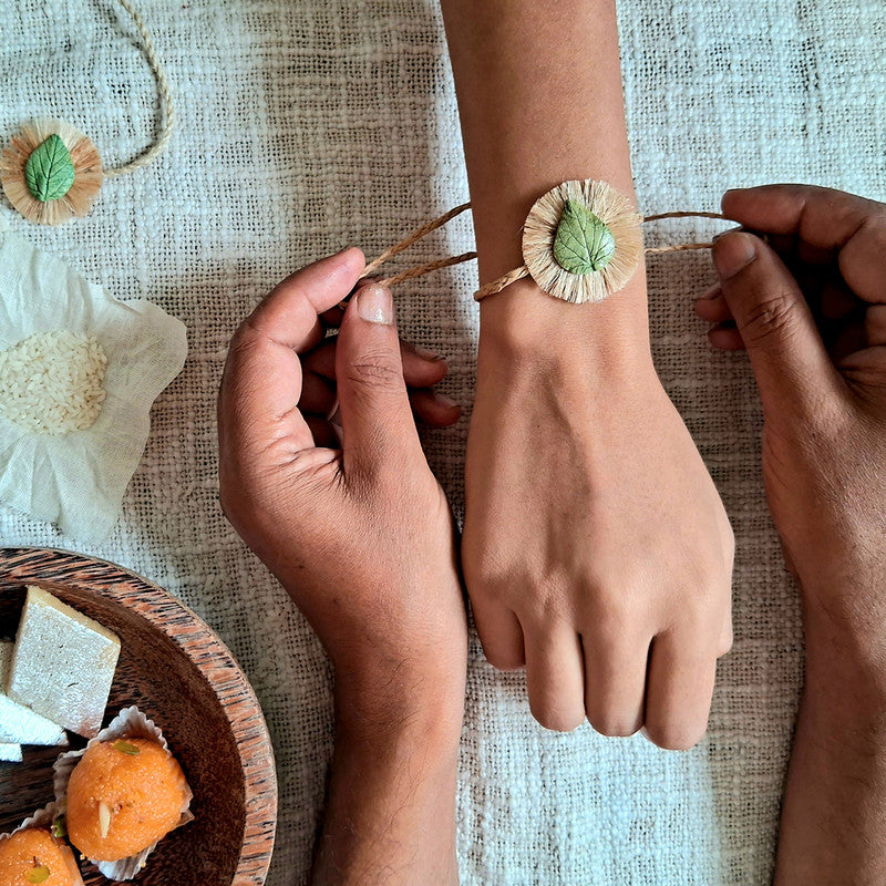 Jute Rakhi For Bhaiya | Leaf Rakhi & Earring | Set of 2