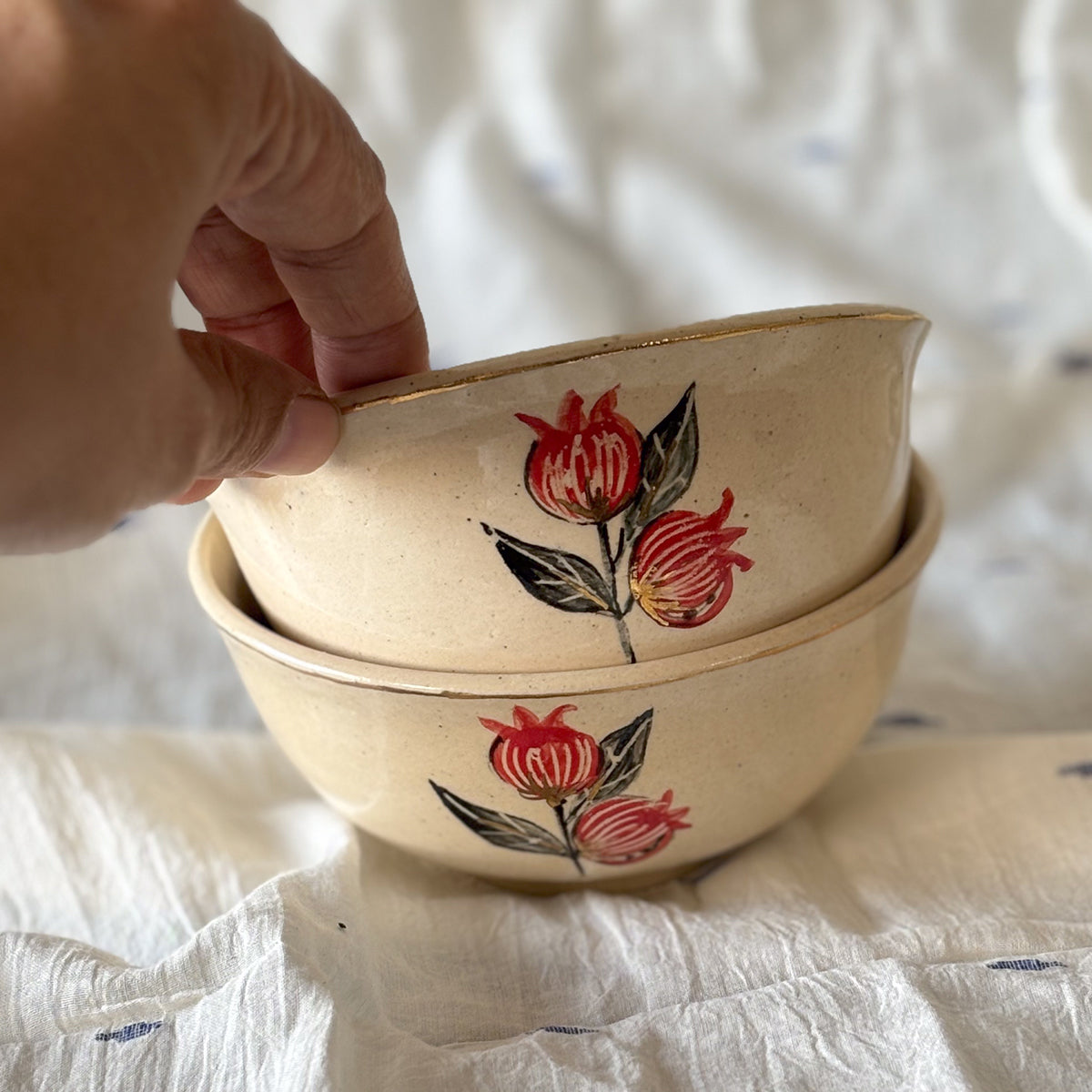 Hand painted Curry Bowl |Tulip | set of two | Finished in 24 karat gold