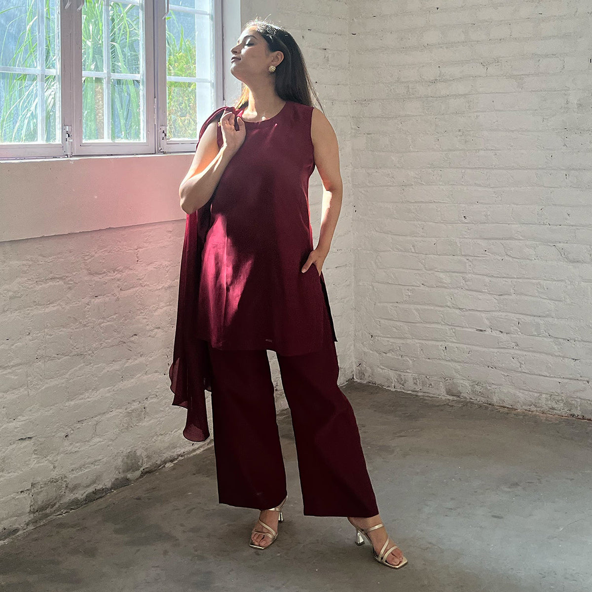 Handwoven Silk Chanderi Waterfall Jacket Ensemble | Rani Pink