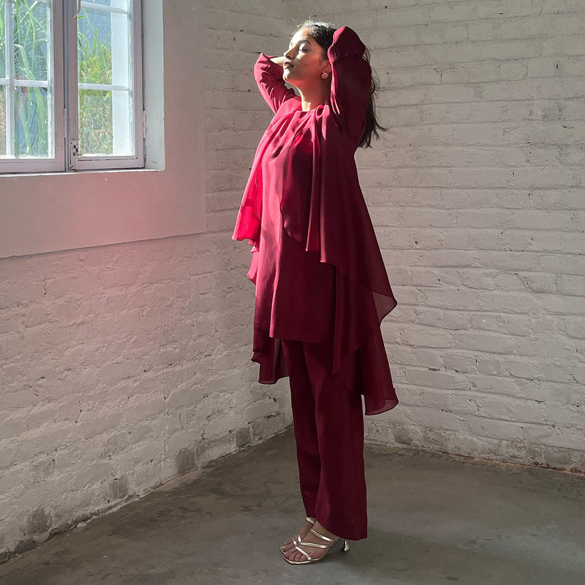 Handwoven Silk Chanderi Waterfall Jacket Ensemble | Rani Pink