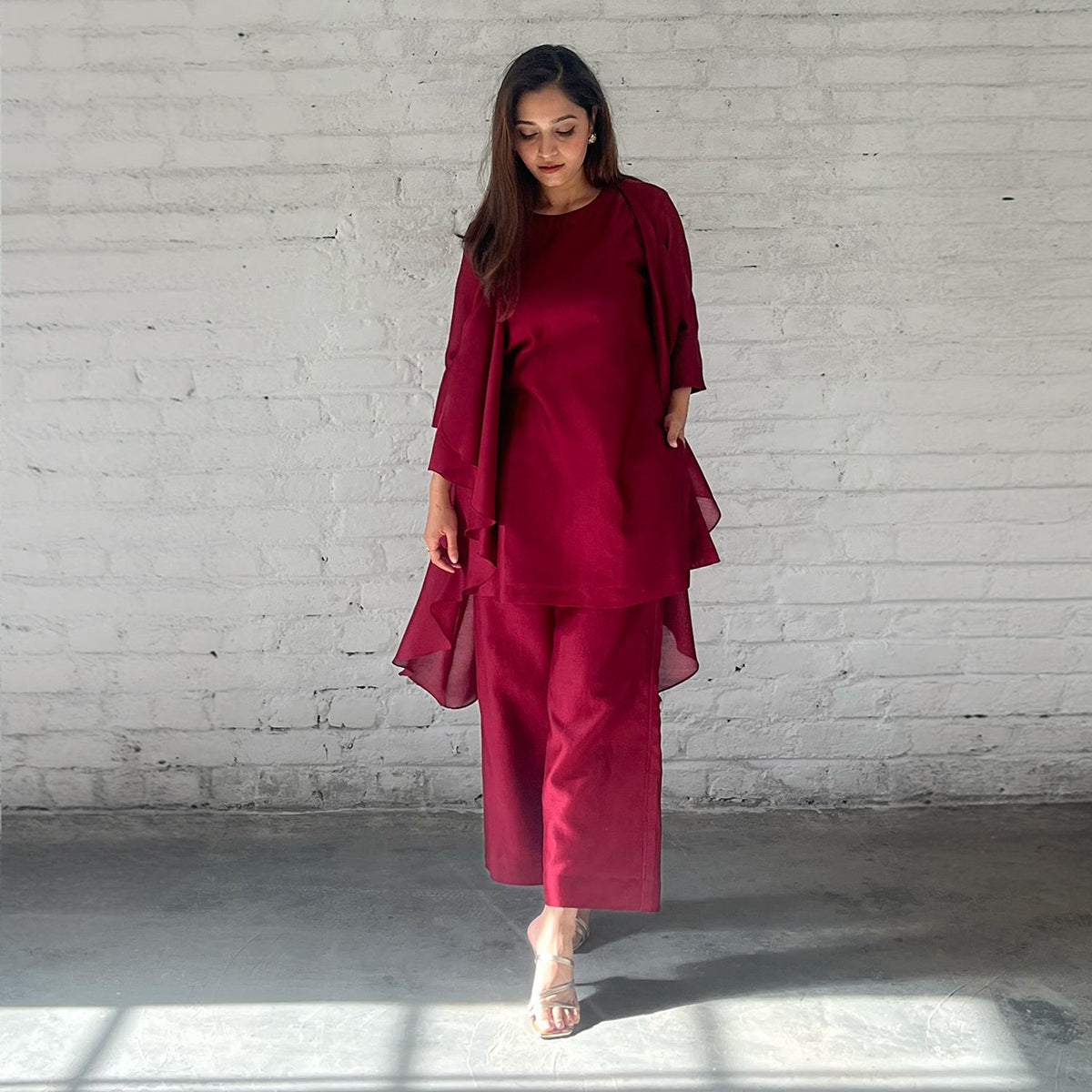 Handwoven Silk Chanderi Waterfall Jacket Ensemble | Rani Pink