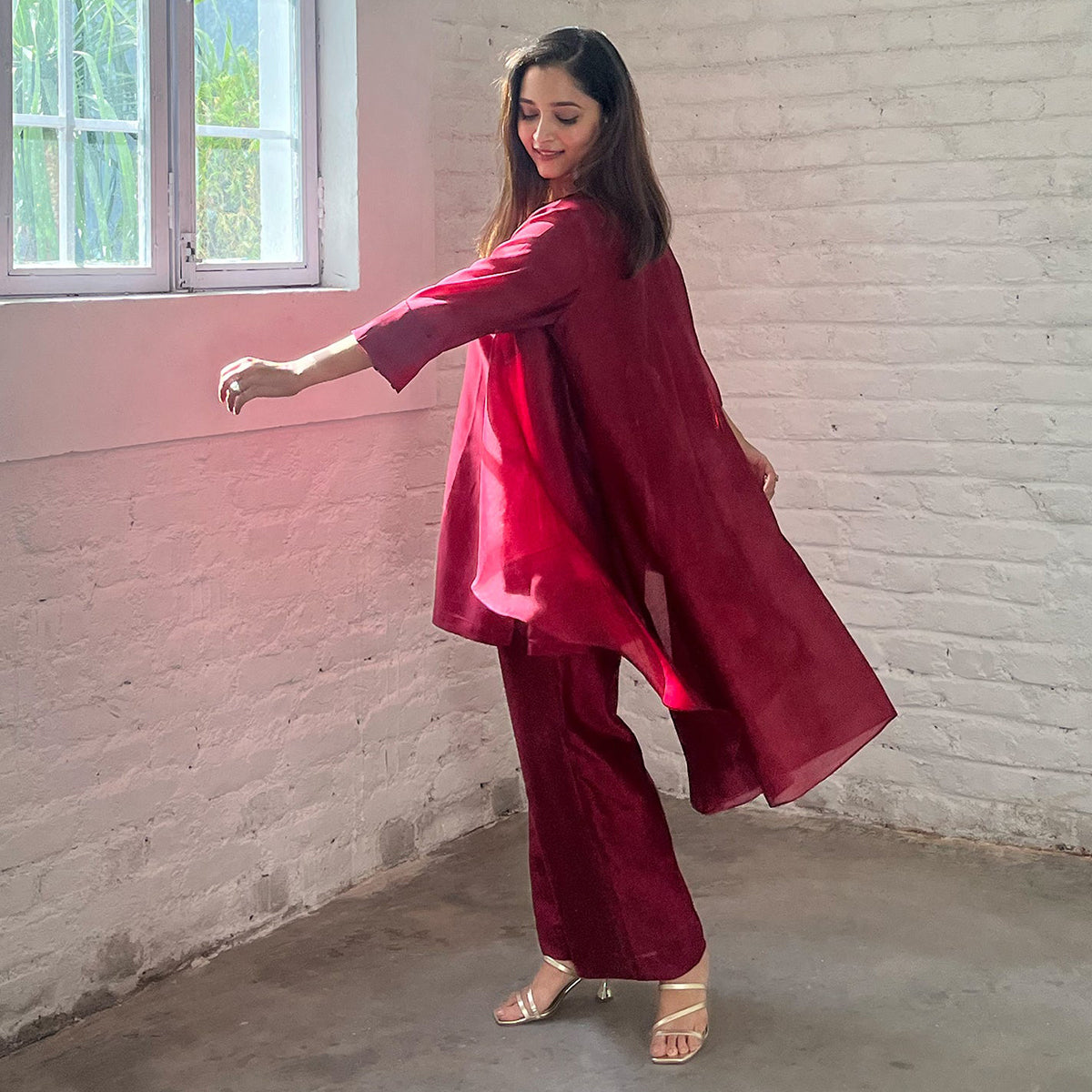 Handwoven Silk Chanderi Waterfall Jacket Ensemble | Rani Pink