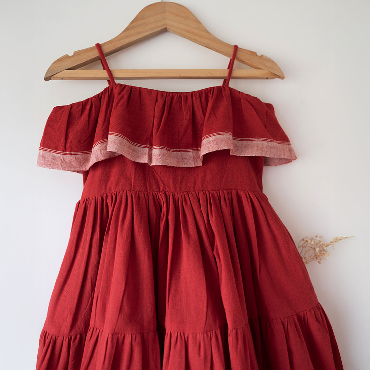 Fool’S Paradise Tiered Maxi Dress In Red Handwoven Cotton
