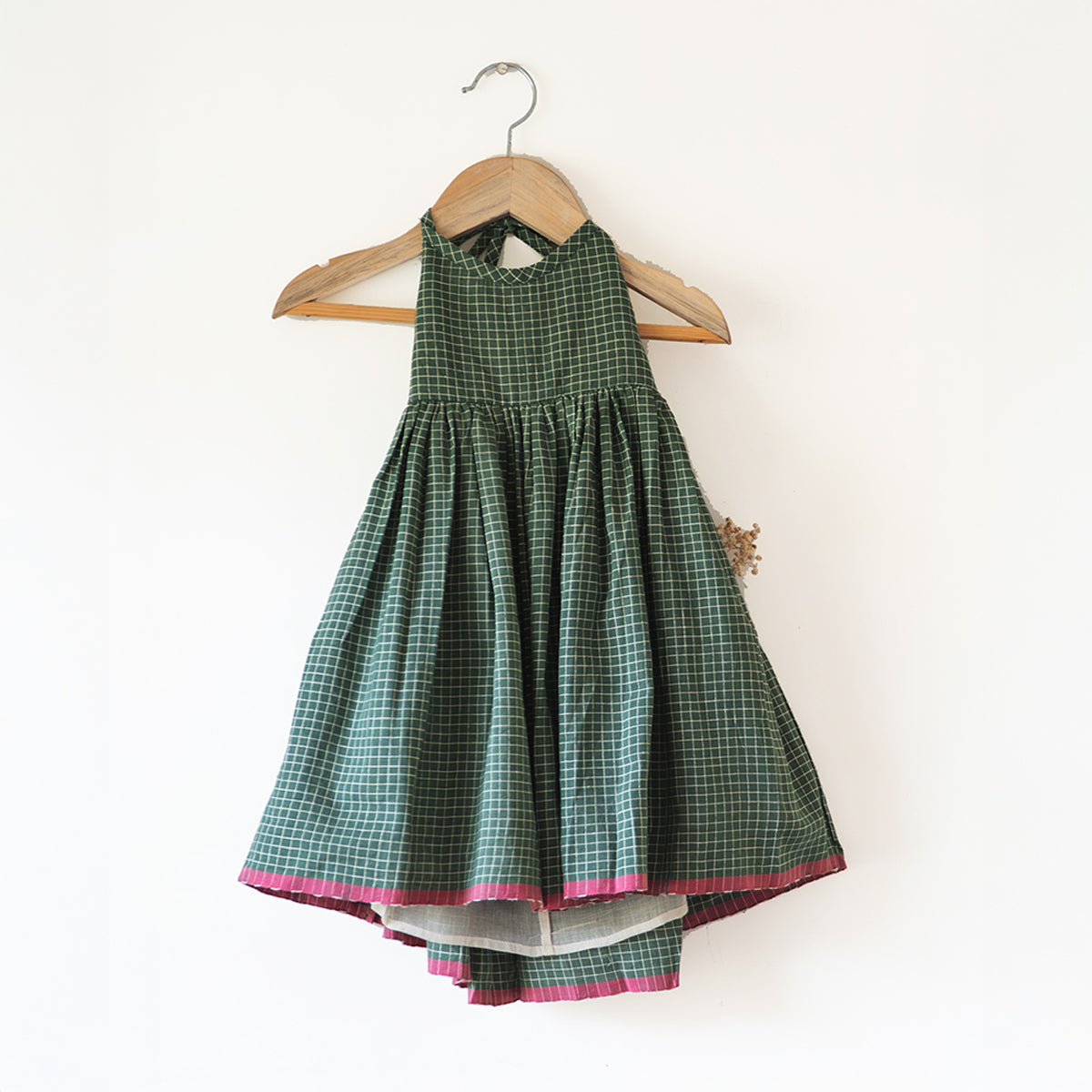Bloom Handmade Green Checkered Halter Neck Girls Dress