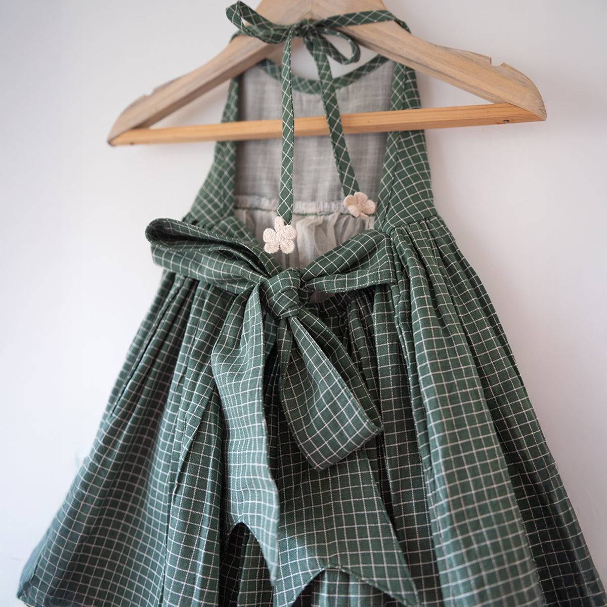 Bloom Handmade Green Checkered Halter Neck Girls Dress