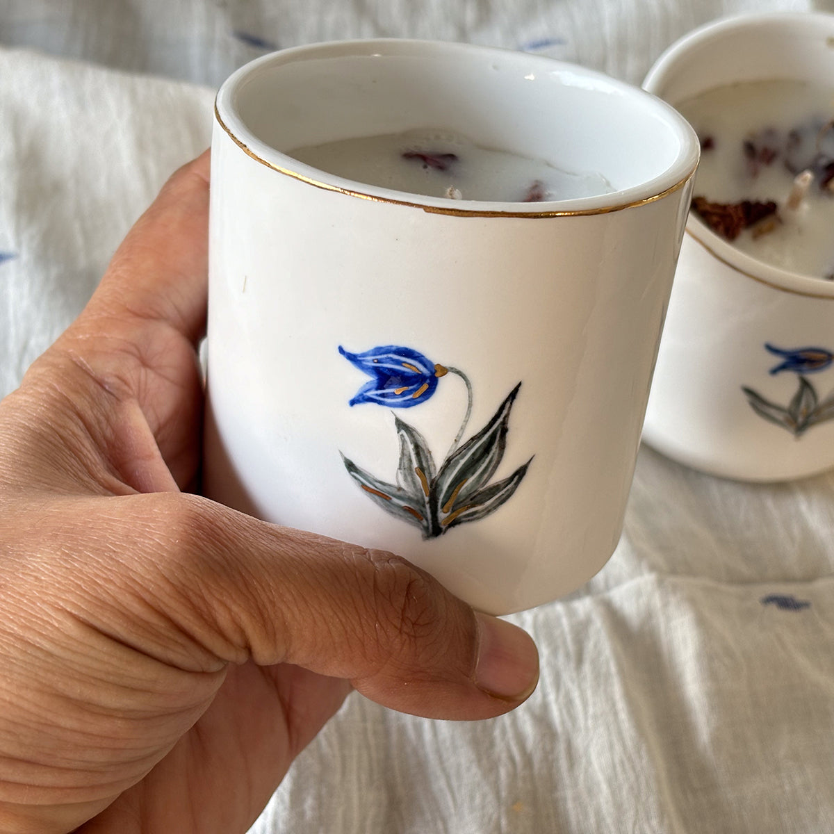 Hand painted Porcelain Candle glasses |Tulip | Lavendar fragrant Soy Wax|Finished in 24 karat gold