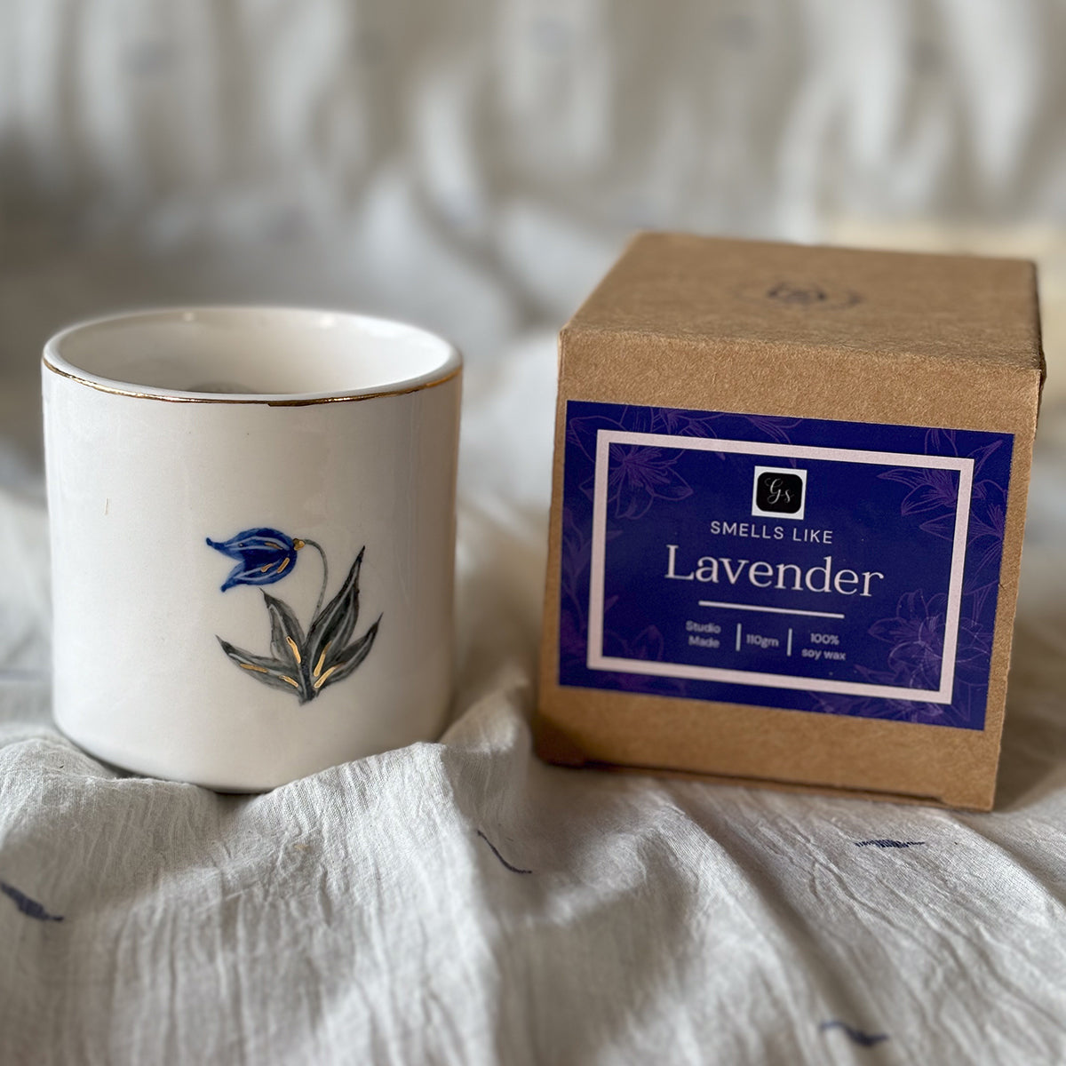 Hand painted Porcelain Candle glasses |Tulip | Lavendar fragrant Soy Wax|Finished in 24 karat gold