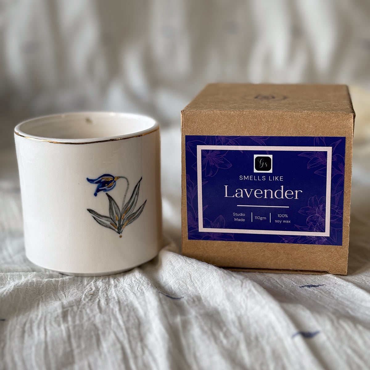 Hand painted Porcelain Candle glasses |Tulip | Lavendar fragrant Soy Wax|Finished in 24 karat gold