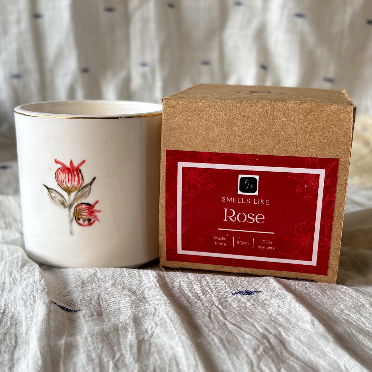 Hand painted Porcelain Candle glasses |Anaar | Rose fragrant Soy Wax| Finished in 24 karat gold