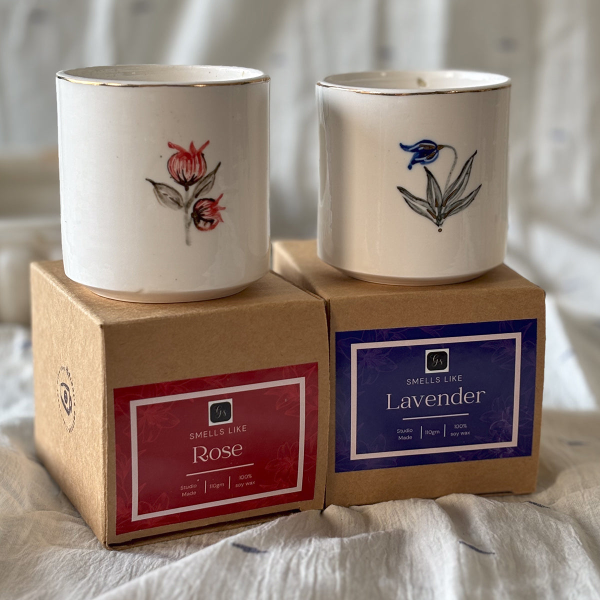 Hand painted Porcelain Candle glasses |Anaar | Rose fragrant Soy Wax| Finished in 24 karat gold