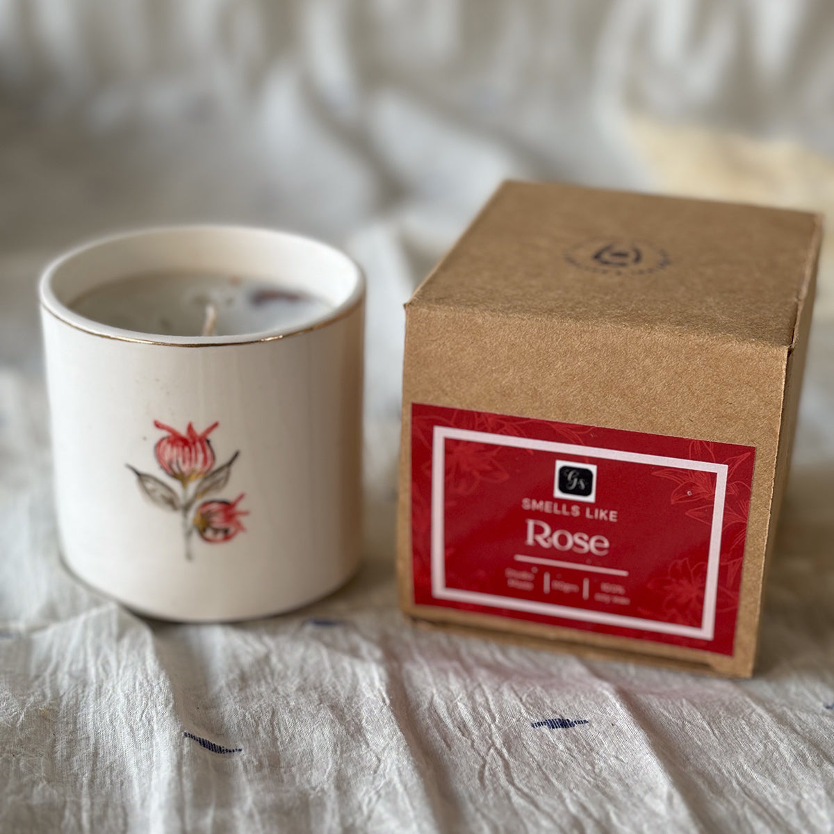 Hand painted Porcelain Candle glasses |Anaar | Rose fragrant Soy Wax| Finished in 24 karat gold