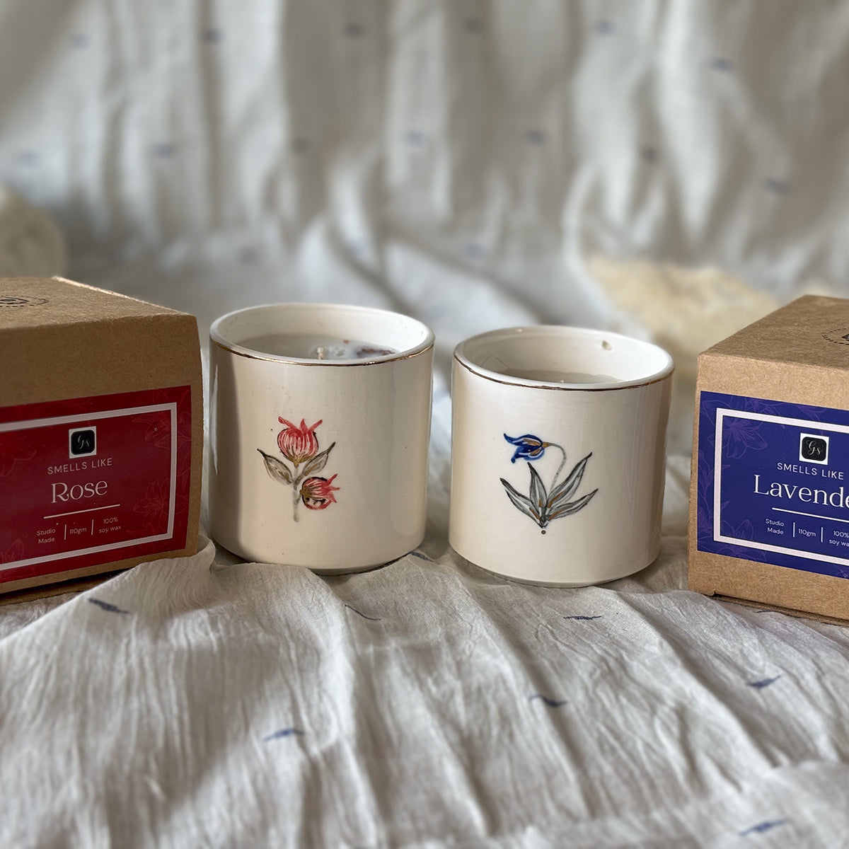 Hand painted Porcelain Candle glasses |Anaar | Rose fragrant Soy Wax| Finished in 24 karat gold