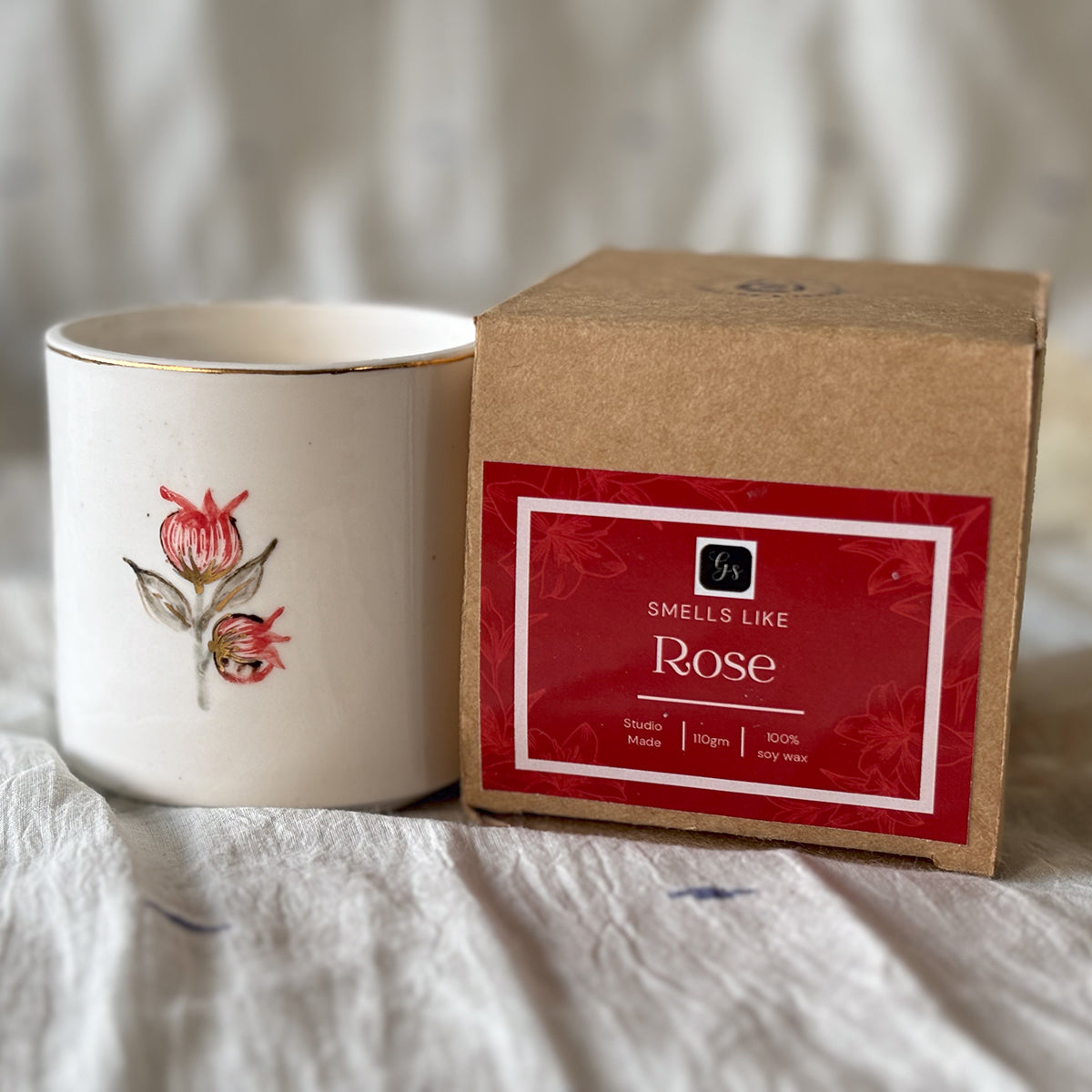 Hand painted Porcelain Candle glasses |Anaar | Rose fragrant Soy Wax| Finished in 24 karat gold