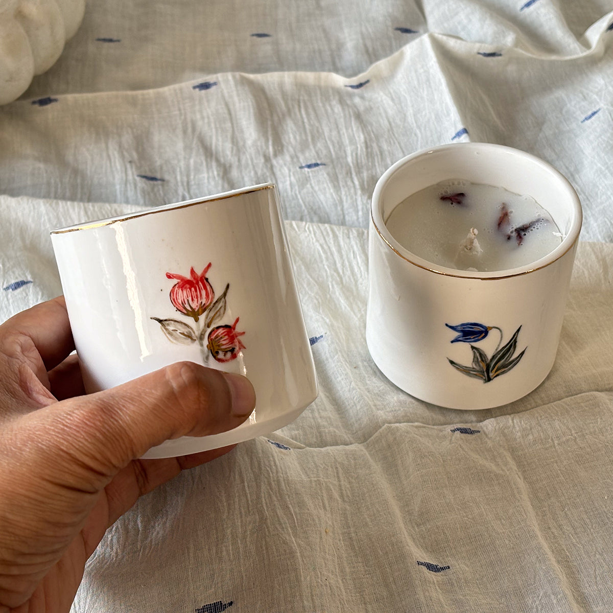 Hand painted Porcelain Candle glasses |Set of two | Mixed Design|Finished in 24 karat gold