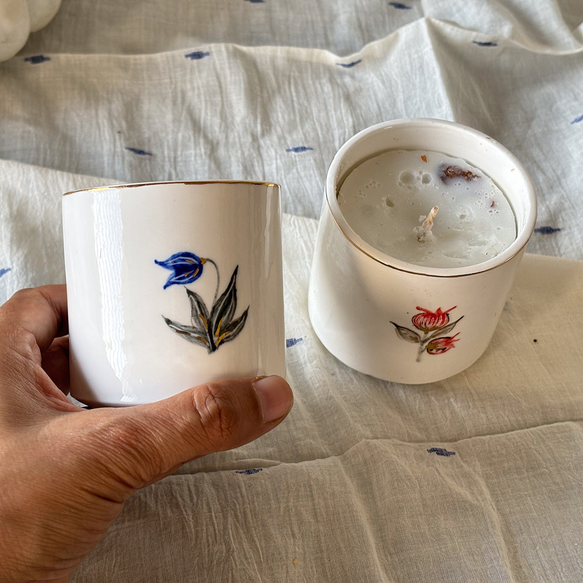 Hand painted Porcelain Candle glasses |Set of two | Mixed Design|Finished in 24 karat gold