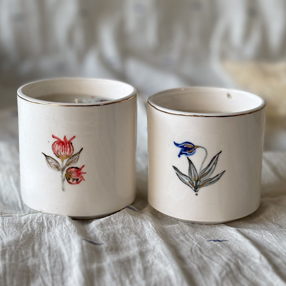 Hand painted Porcelain Candle glasses |Set of two | Mixed Design|Finished in 24 karat gold