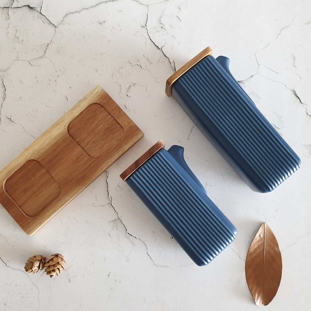 Ceramic - Oil Bootle with Wooden Lid & Tray - Cobalt Blue