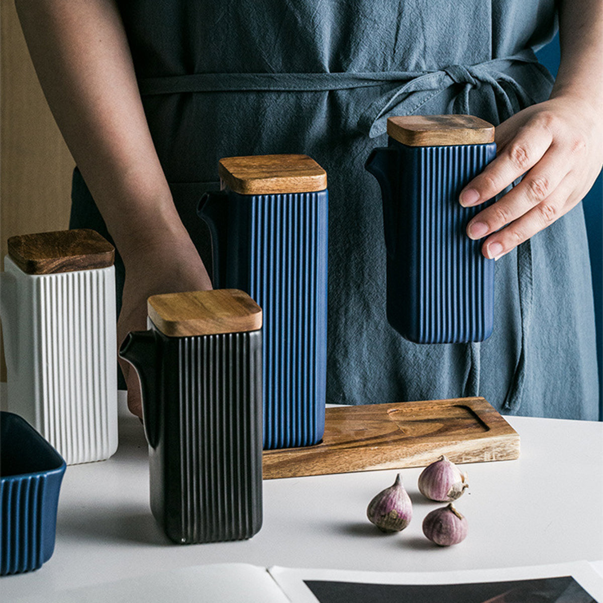 Ceramic - Oil Bootle with Wooden Lid & Tray - Cobalt Blue