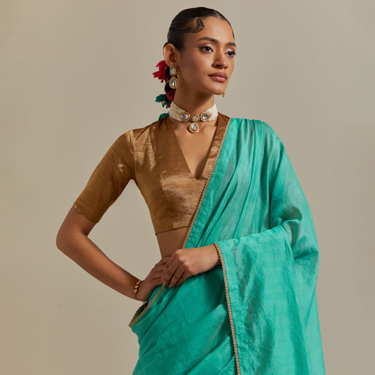 Aqua Striped Chanderi Saree with Gold Zari Blouse (Set of 2)
