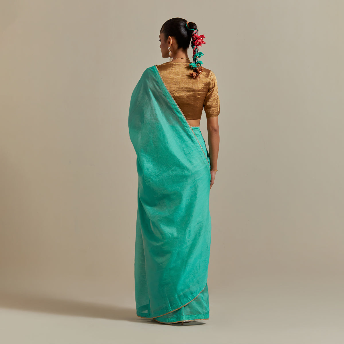 Aqua Striped Chanderi Saree with Gold Zari Blouse (Set of 2)