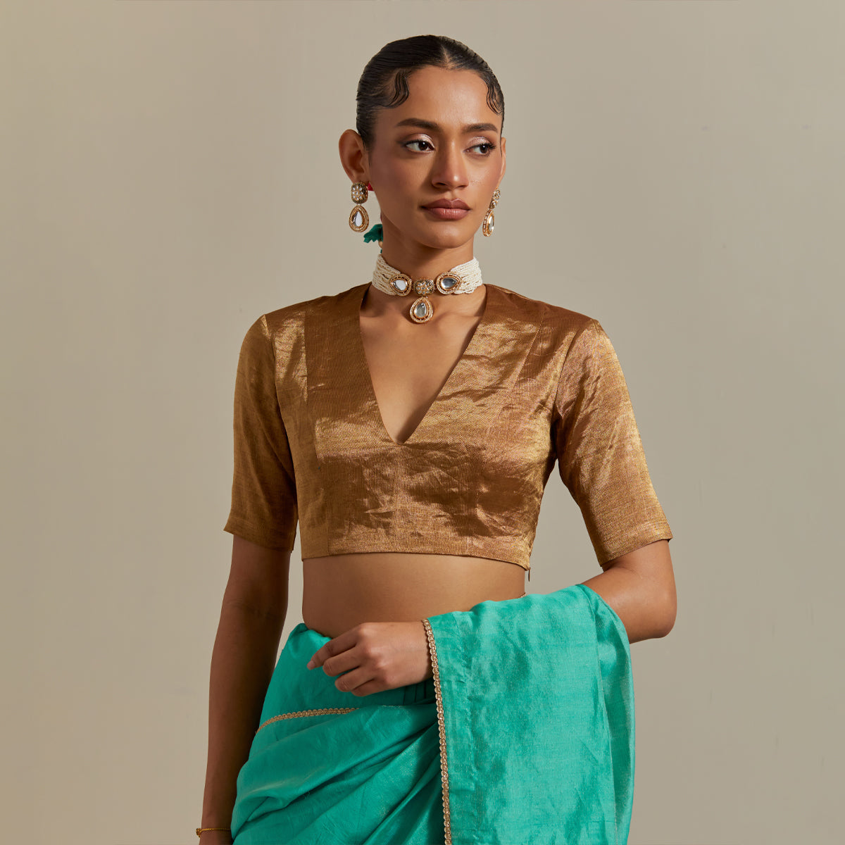 Aqua Striped Chanderi Saree with Gold Zari Blouse (Set of 2)