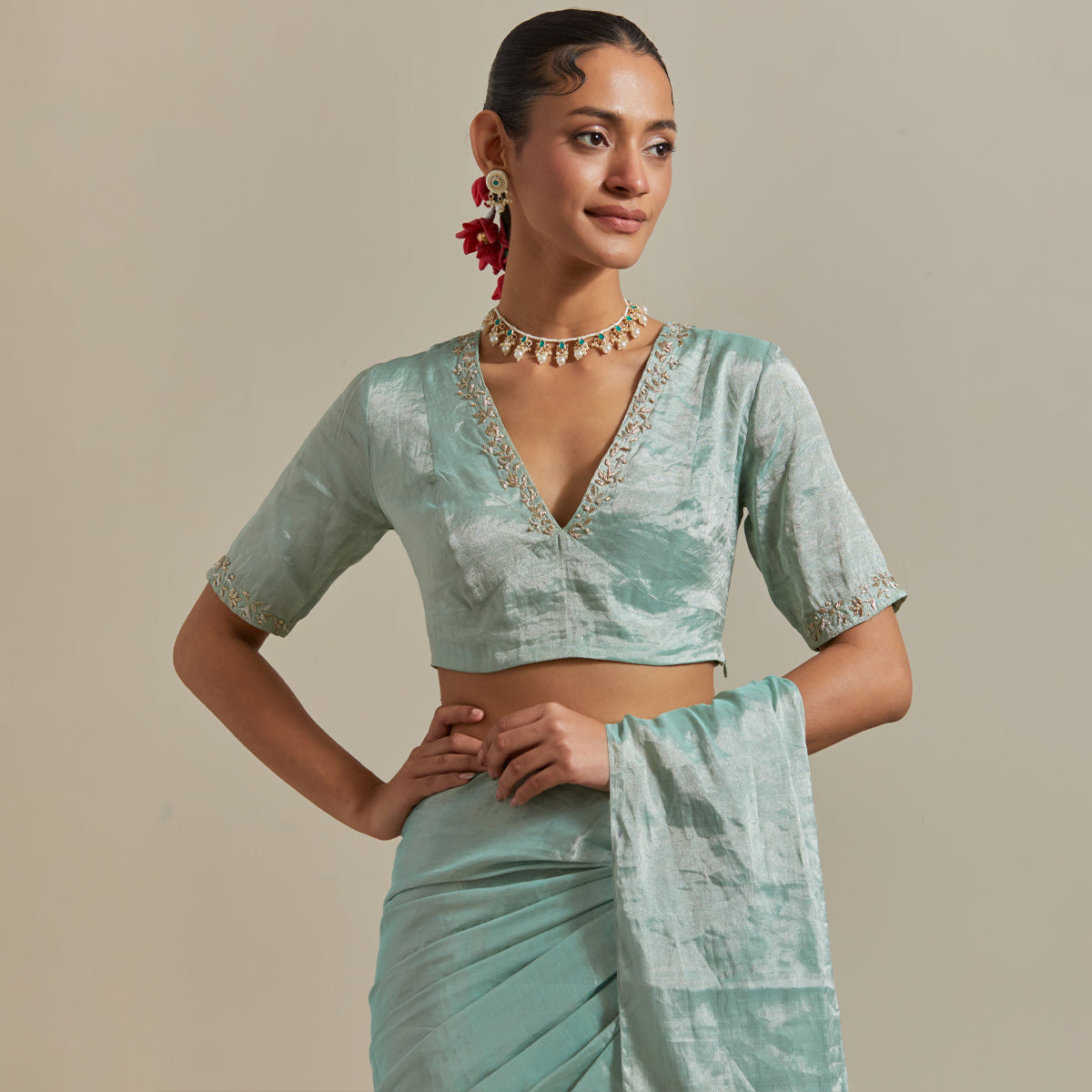 Mint Zari Silk Saree with Embroidered Blouse (Set of 2)