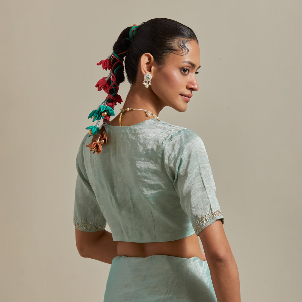 Mint Zari Silk Saree with Embroidered Blouse (Set of 2)