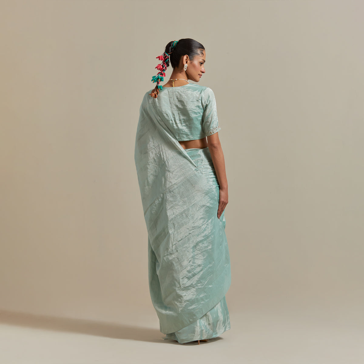 Mint Zari Silk Saree with Embroidered Blouse (Set of 2)