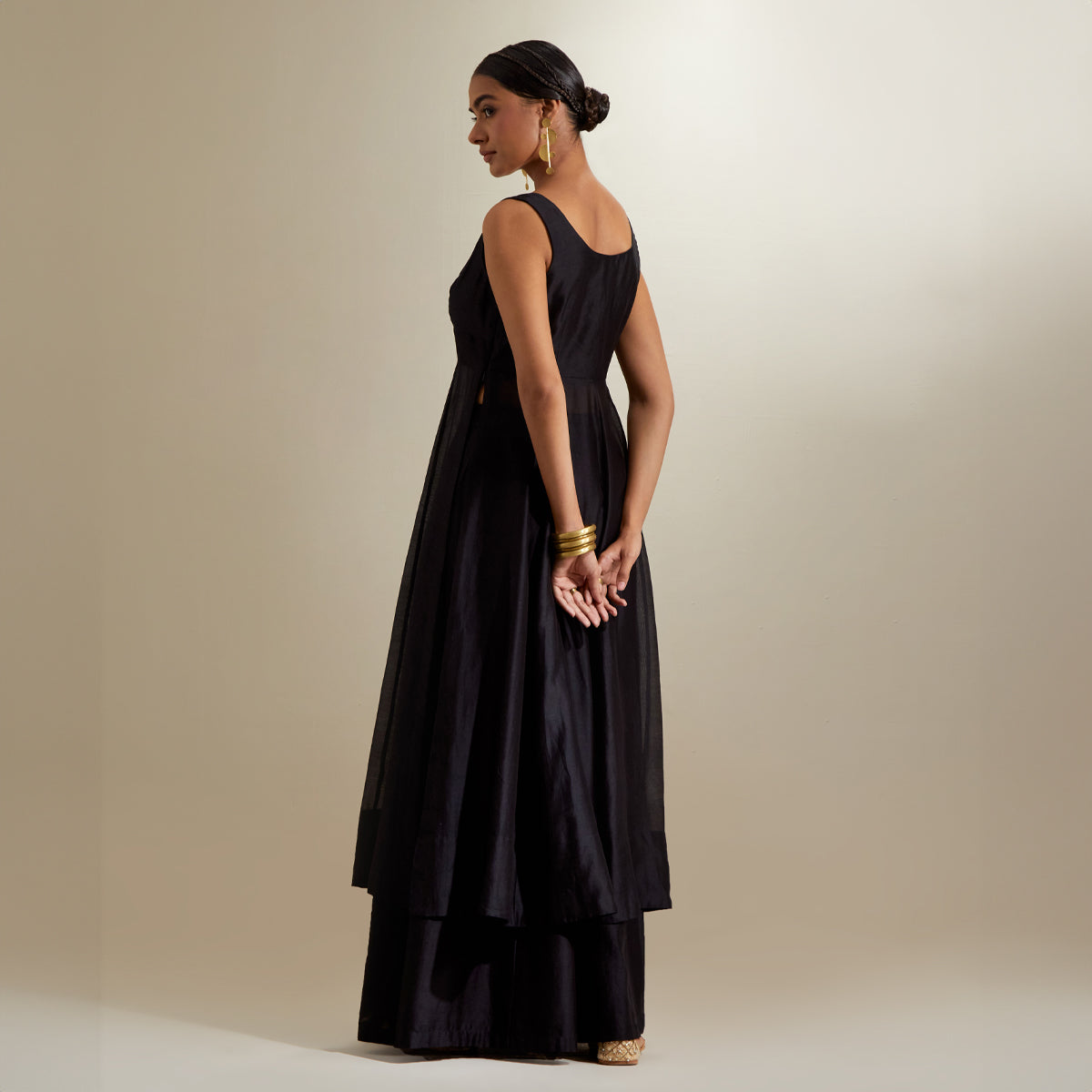 Co-ordinate Set - Plunge V Neck Stylise Kurta and Palazzo in Black Chanderi