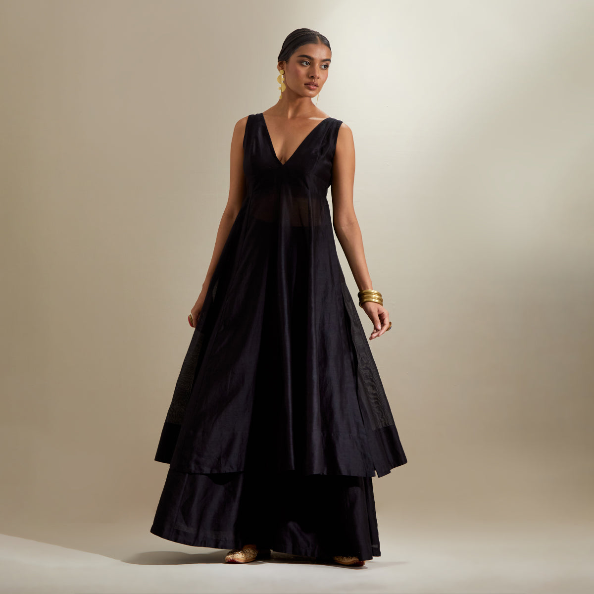 Co-ordinate Set - Plunge V Neck Stylise Kurta and Palazzo in Black Chanderi