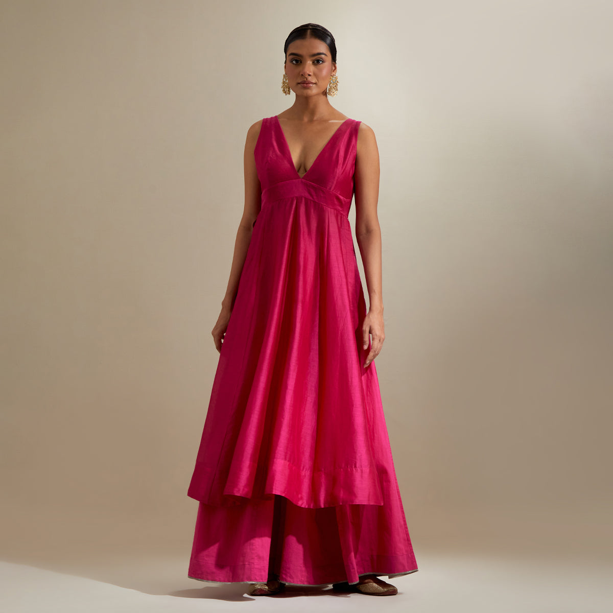 Plunge V Neck Stylise Chanderi Kurta with Cotton Palazzo