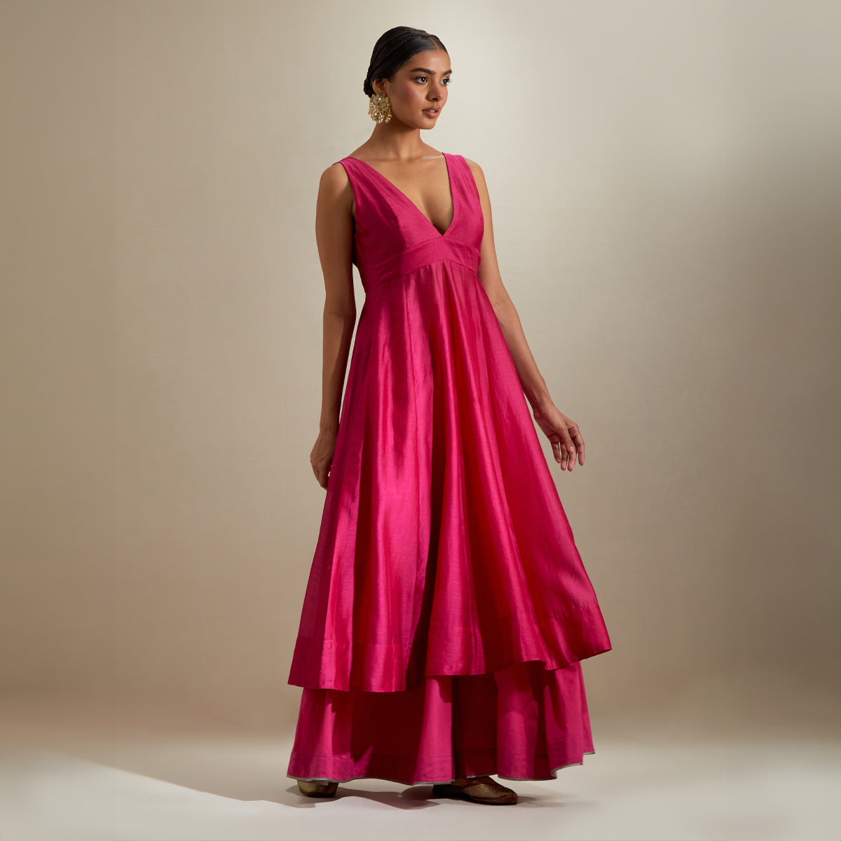 Plunge V Neck Stylise Chanderi Kurta with Cotton Palazzo