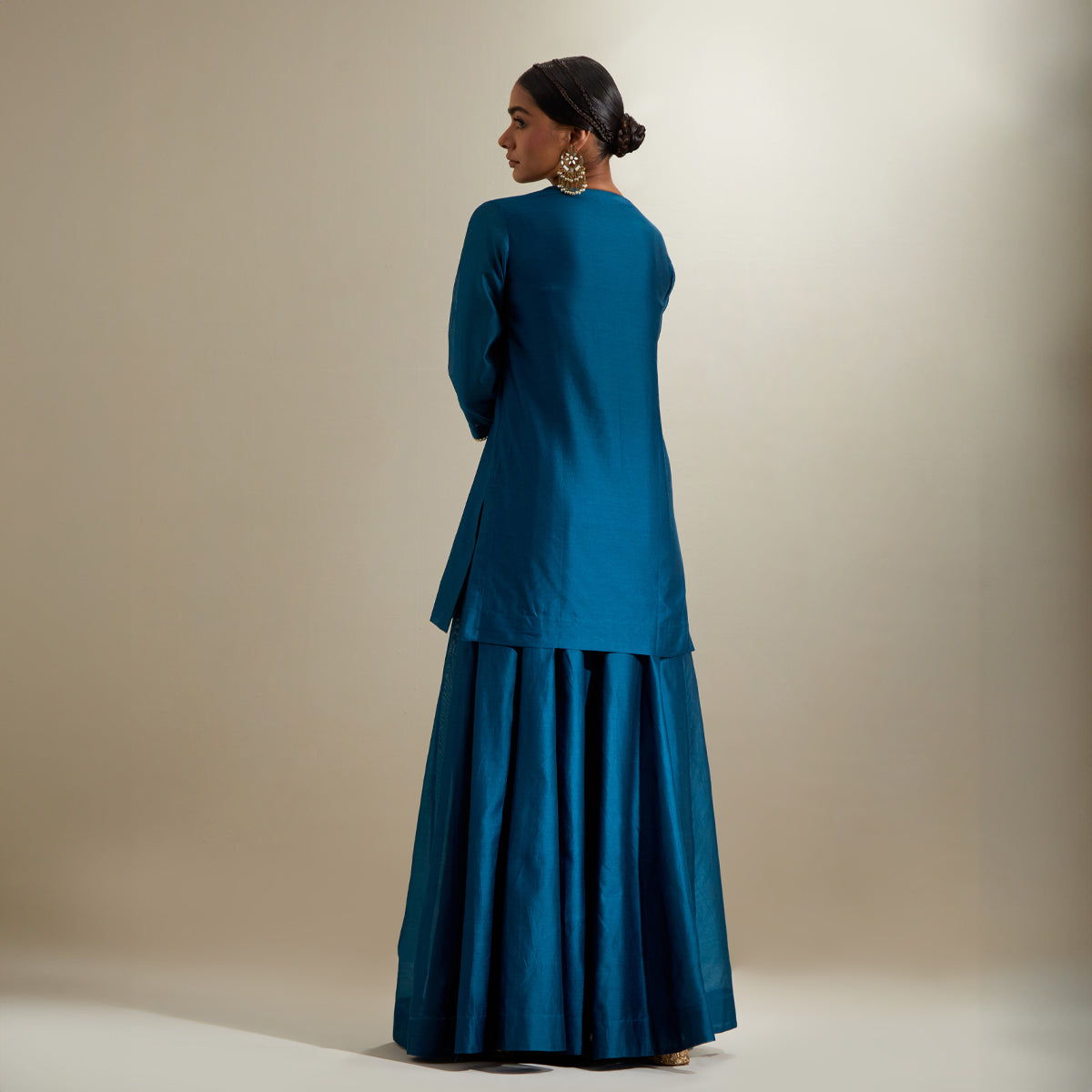 V Neck Kurti & Sharara in Teal Chanderi with Mint Gota Dupatta