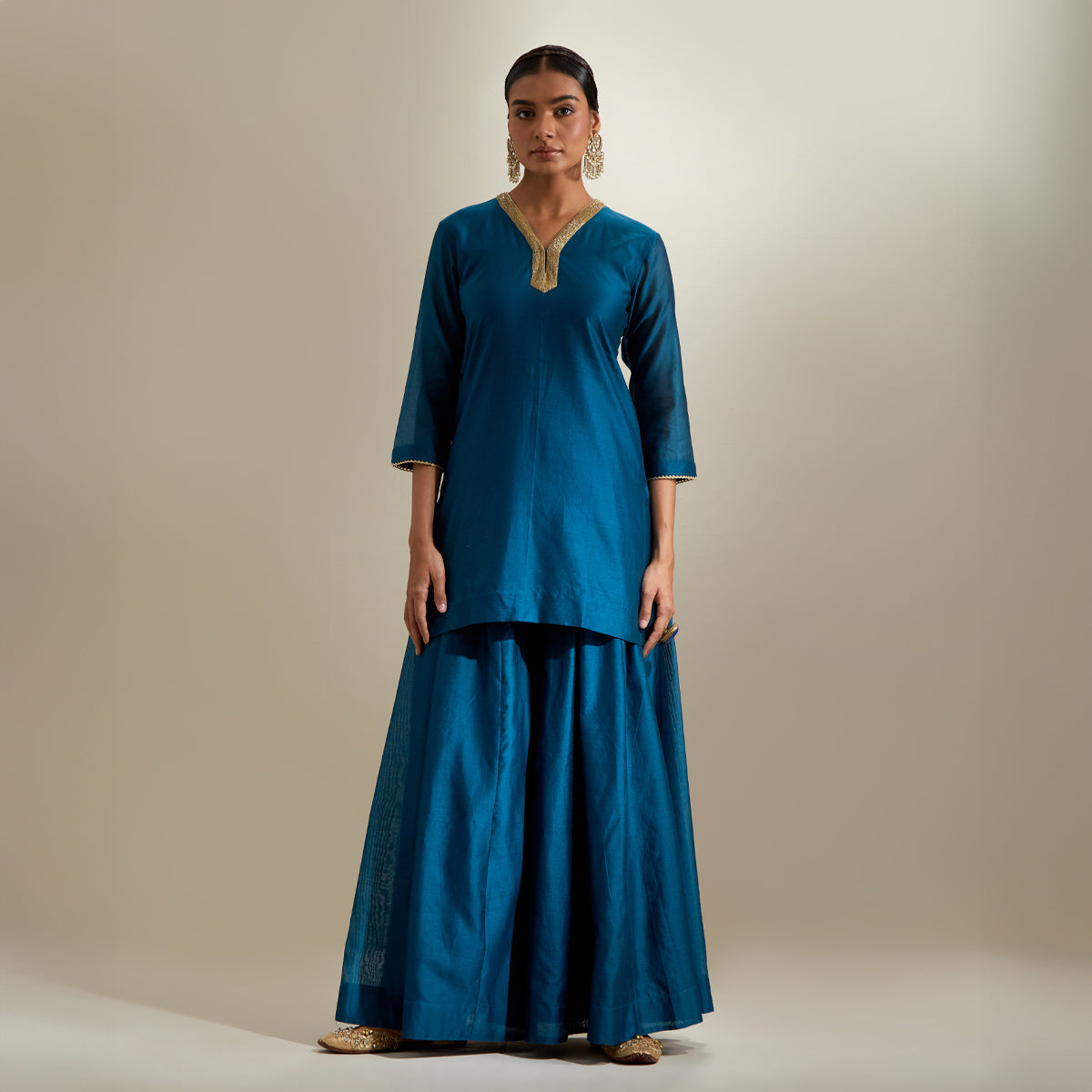V Neck Kurti & Sharara in Teal Chanderi with Mint Gota Dupatta