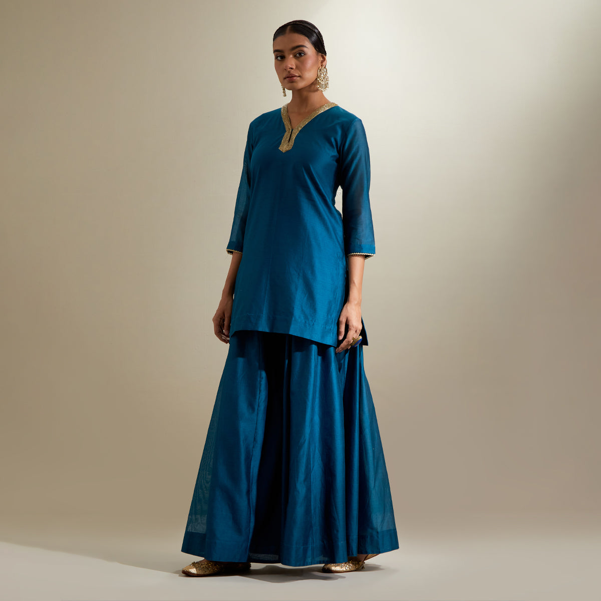 V Neck Kurti & Sharara in Teal Chanderi with Mint Gota Dupatta