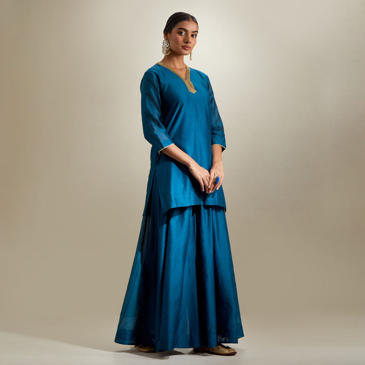 V Neck Kurti & Sharara in Teal Chanderi with Mint Gota Dupatta